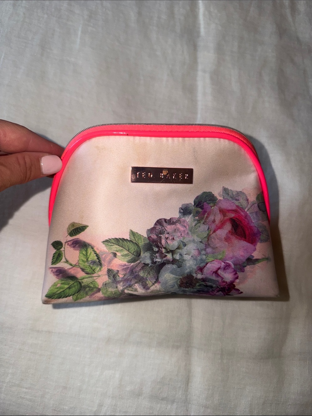 Ted Baker Pink Floral Cosmetic Pouch with Neon Trim